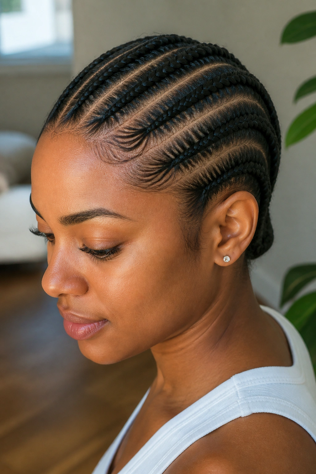 Close-up headshot of straight-back cornrows on a real person