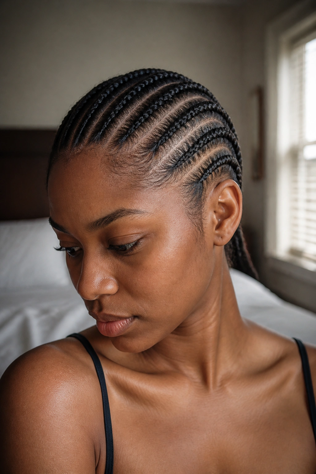 Close-up portrait of straight-back cornrows on a real Black woman with neat scalp-Parting