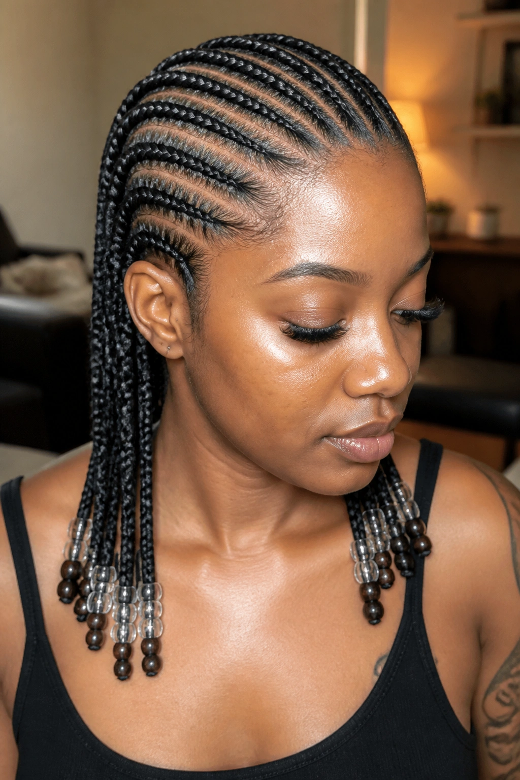 Close-up of straight-back cornrows with beads at the ends on a real person.