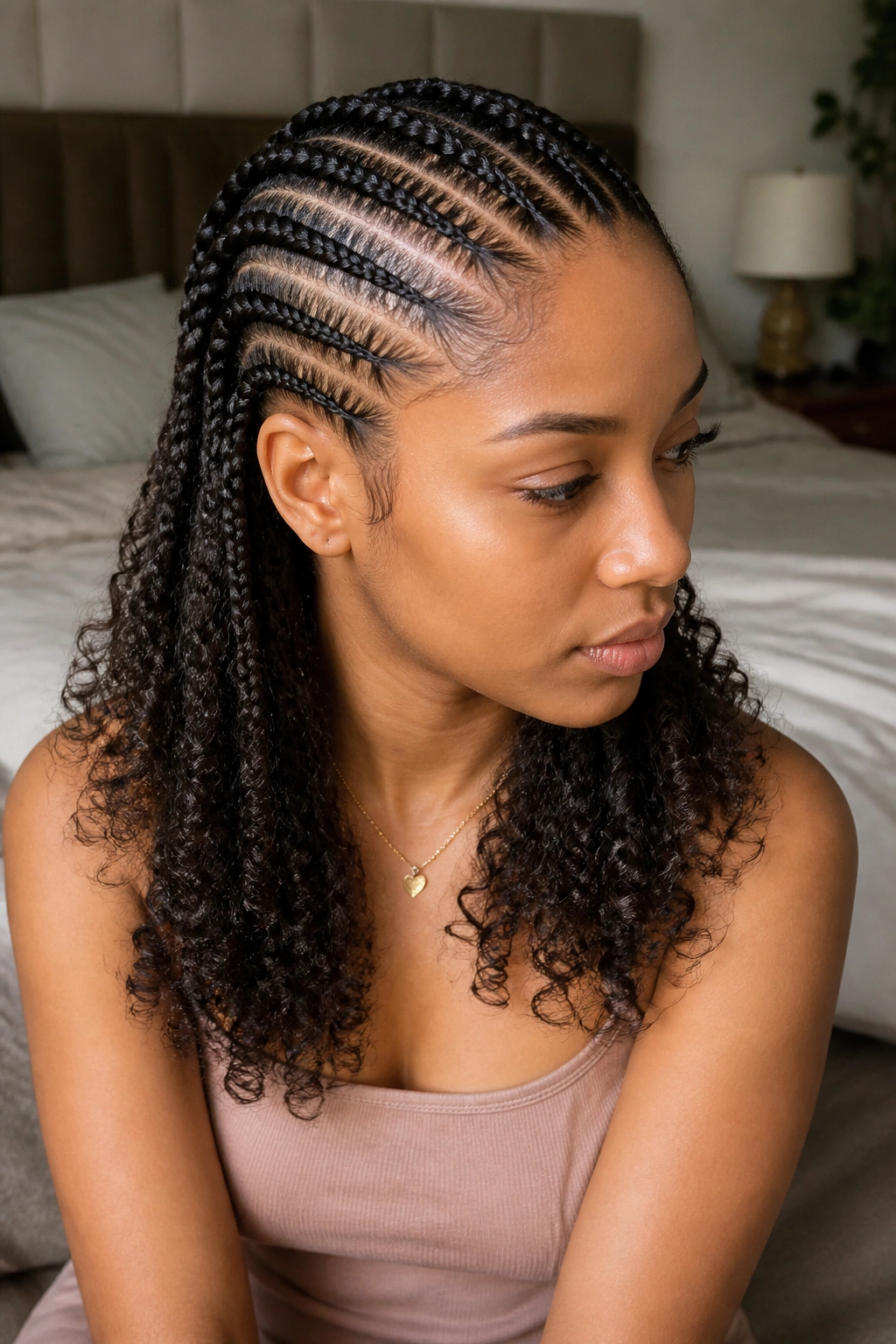Close-up portrait of a real woman with straight-back cornrows ending in curly ends.