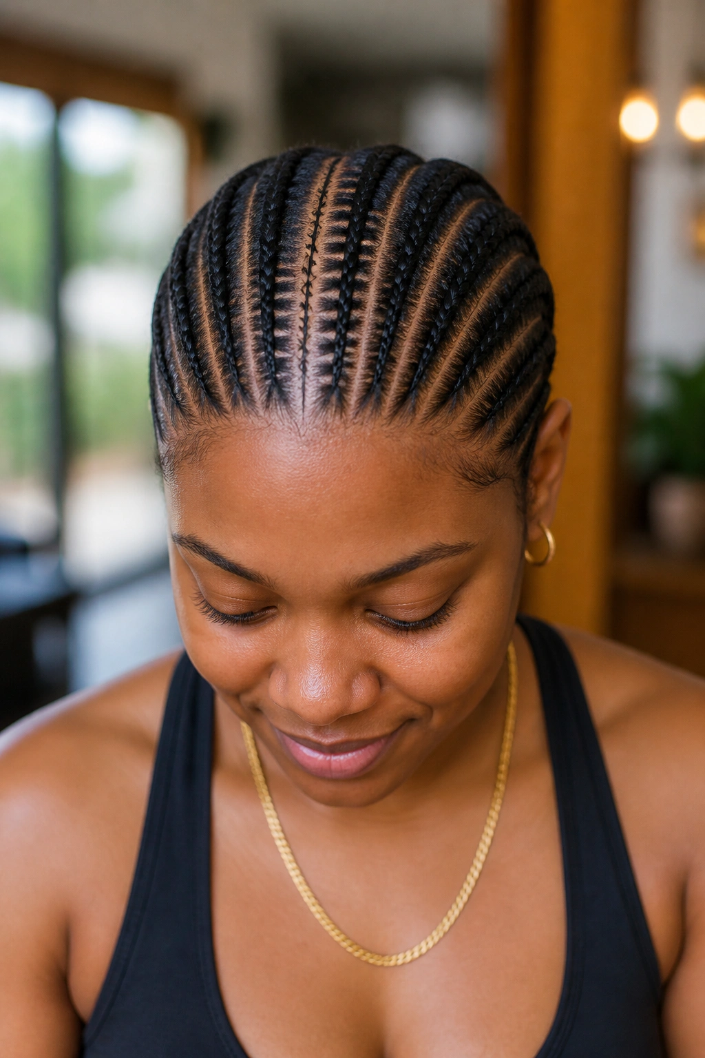 Close-up of straight backs with a middle scalp design on natural hair cornrows