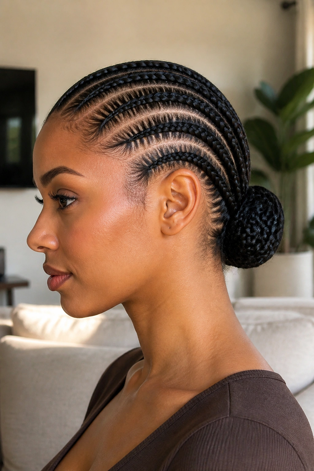 Close-up of a real woman with straight backs gathered into a low bun