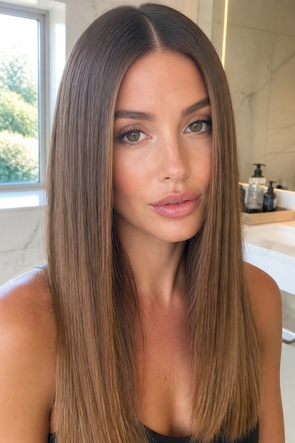 Close-up of a real woman with straight center-parted blowout and glossy hair