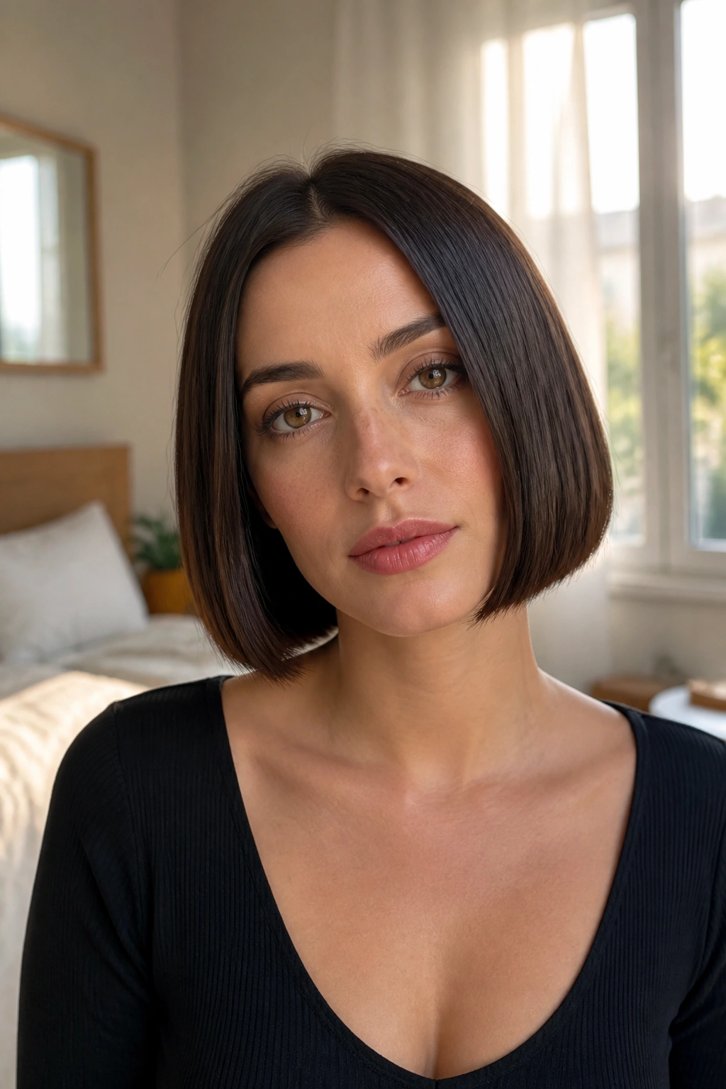 Close-up portrait of a real woman wearing a straight-blunt jaw bob in natural window light.
