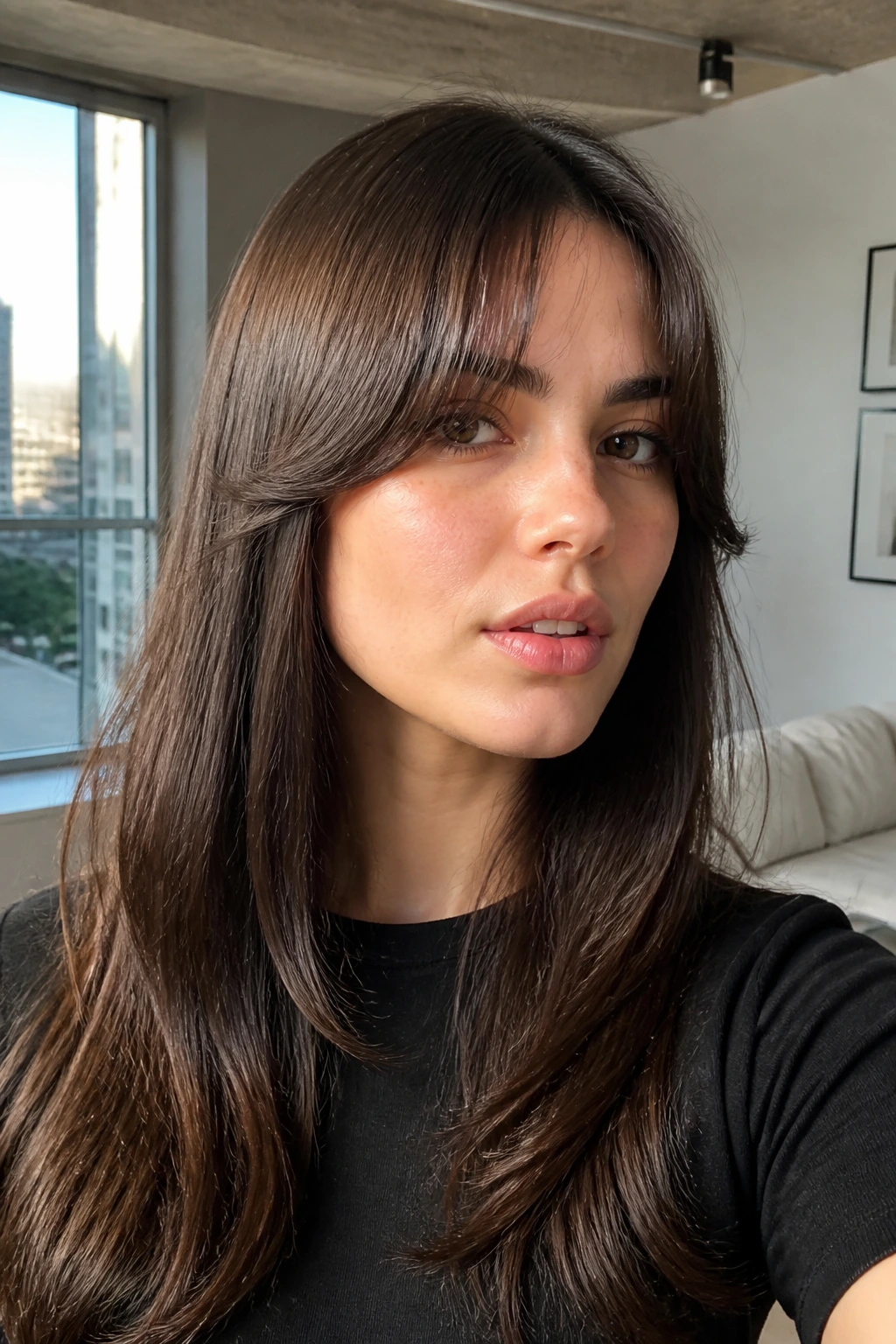 Close-up portrait of a real woman with straight glossy curtain bangs and a subtle end bend