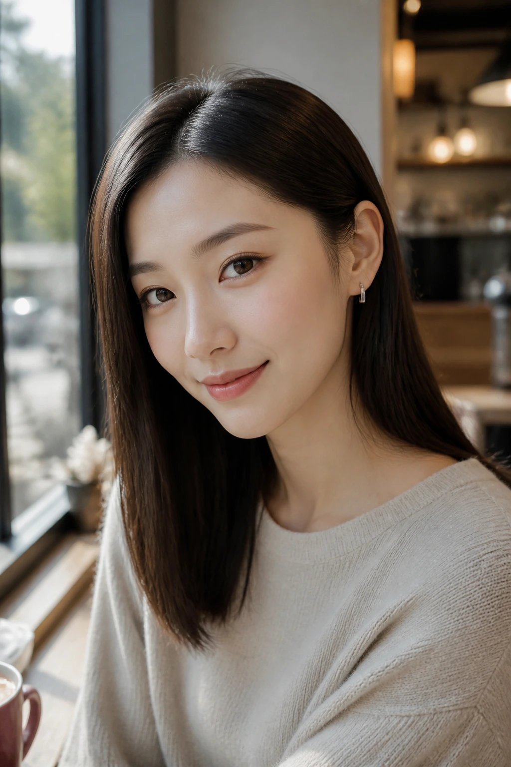 Real woman with straight hair tucked behind one ear, showing ear and earring.