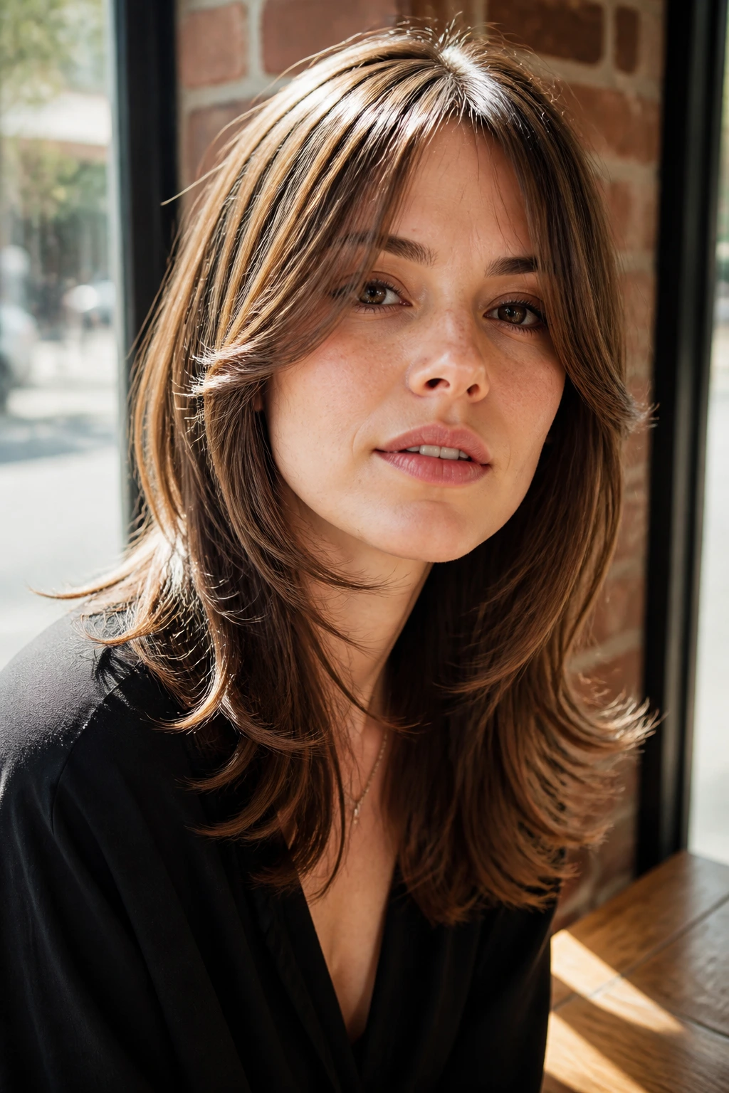 Close-up of a real woman with straight hair in a swoopy-ended boho shag