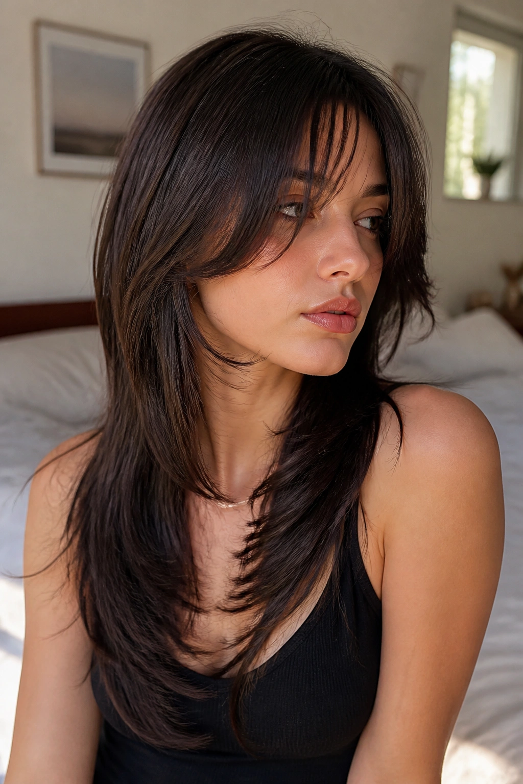 Close-up of a real person with a straight-hair butterfly wolf cut showing feathered movement