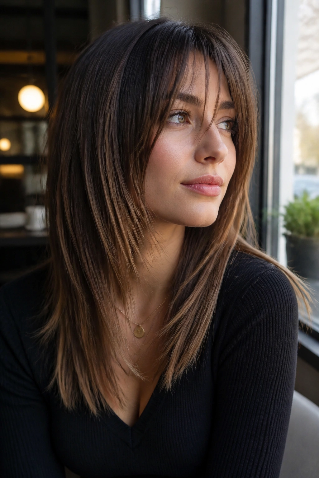 Close-up portrait of real person with straight hair and choppy layers