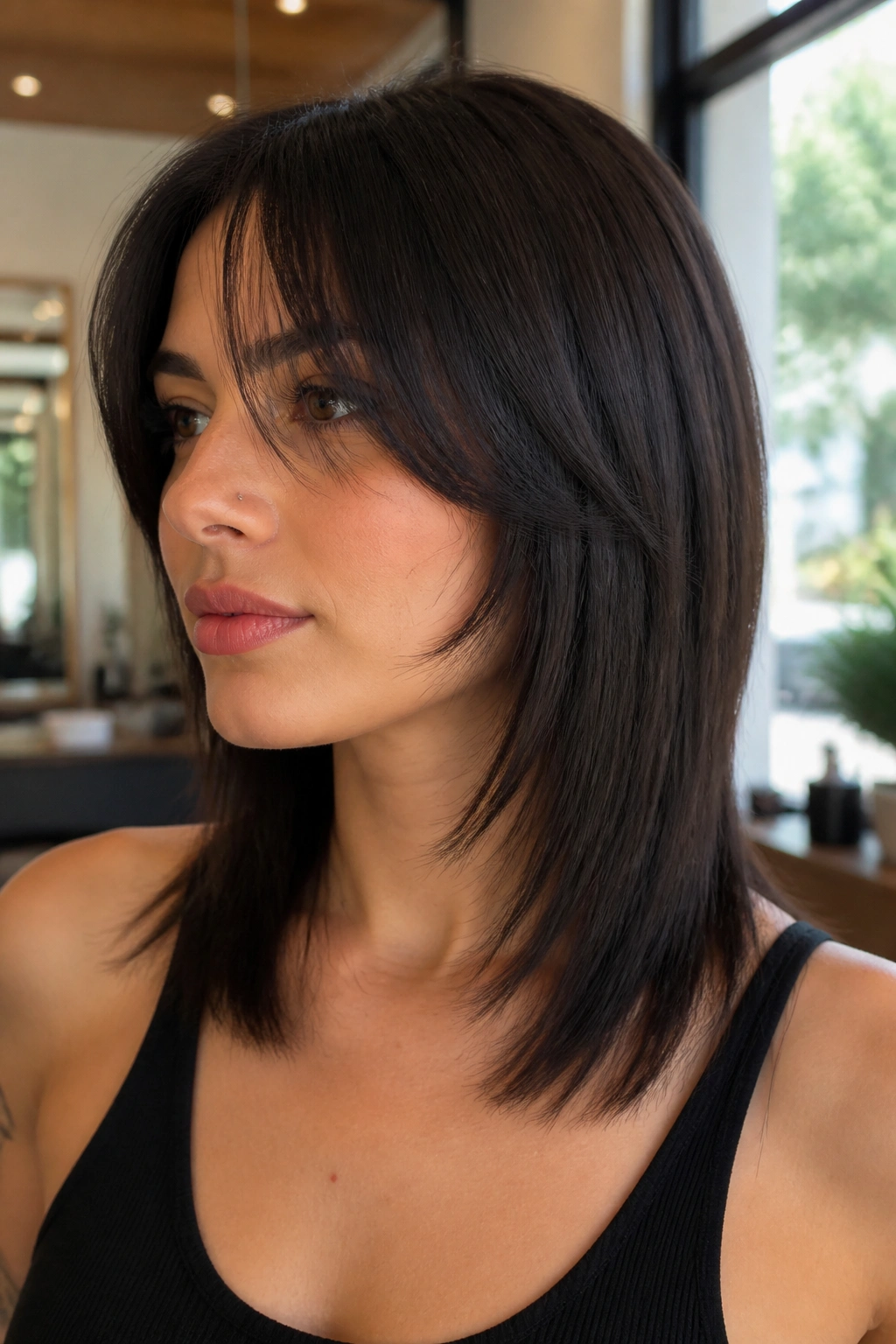 Close-up portrait of a real woman with straight hair featuring crisp lines and softly tapered ends in a salon setting