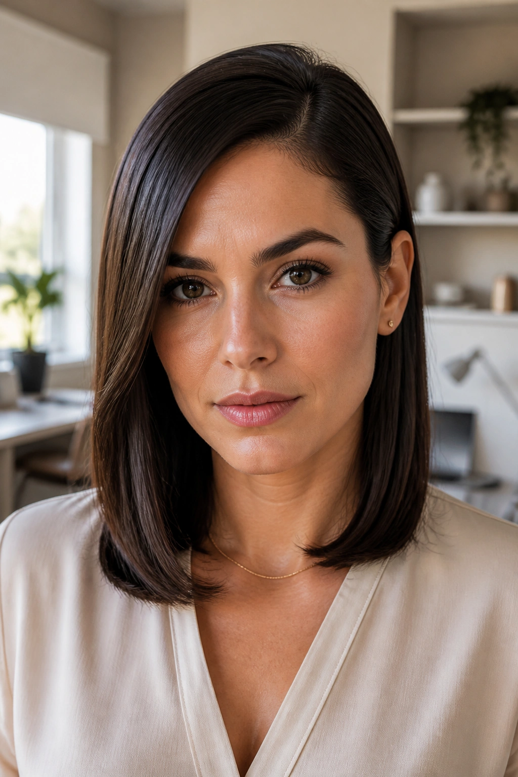 Portrait of a woman with a deep side part and tucked ends.