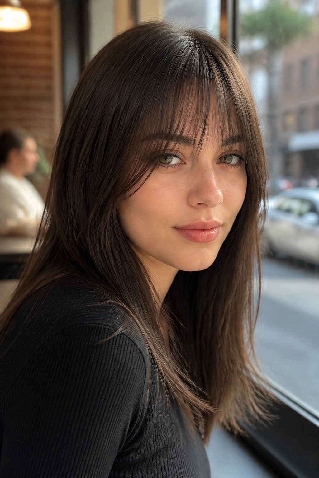 Close-up of a person with straight hair and textured feathered bangs in cafe lighting.
