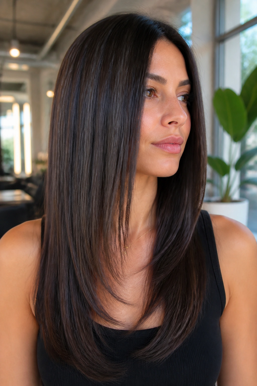 Close-up portrait of a real person with sleek straight hair and long underlayers.