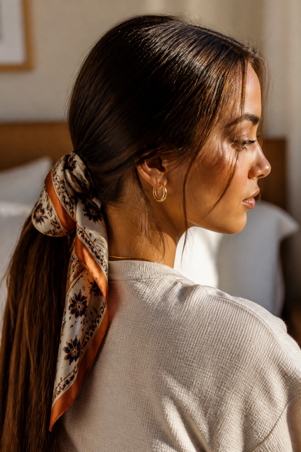 Close-up of a woman with straight hair tied with a silk scarf in a cozy bedroom