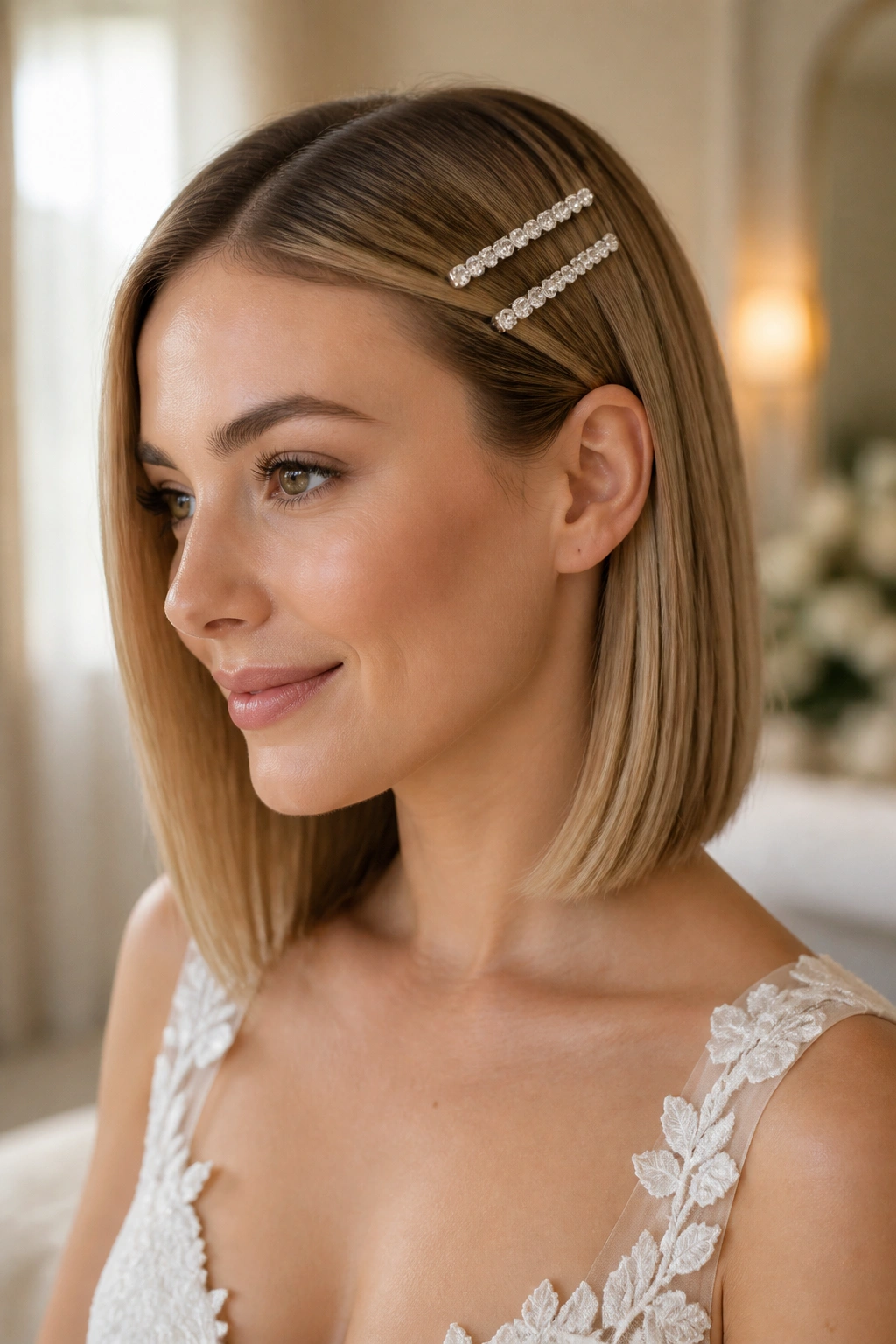 Close-up of a real woman's straight lob with two crystal barrettes above the ear, sleek and polished