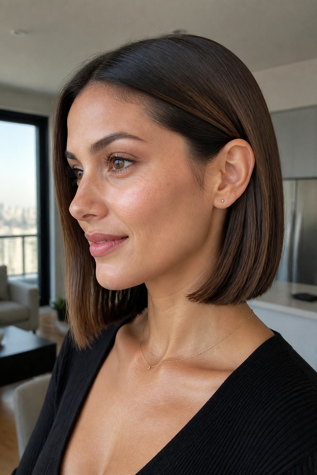Close-up of a real woman with straight lob tucked behind ears in a chic apartment