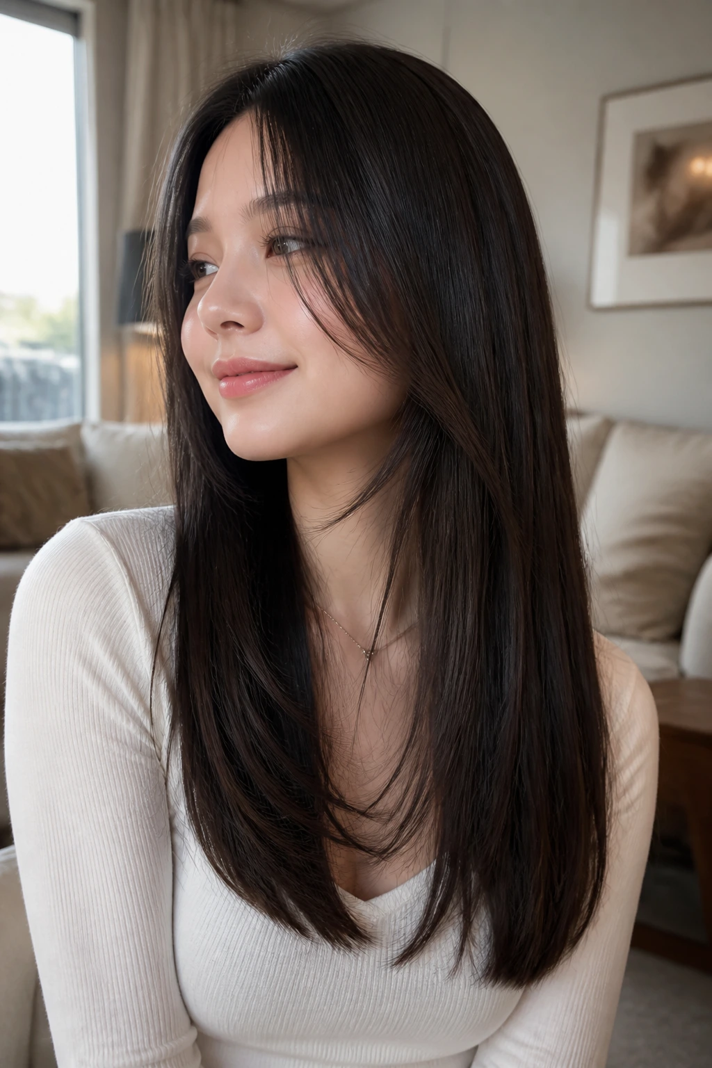 Close-up of a real woman with straight long hair showing hidden movement due to internal layers.
