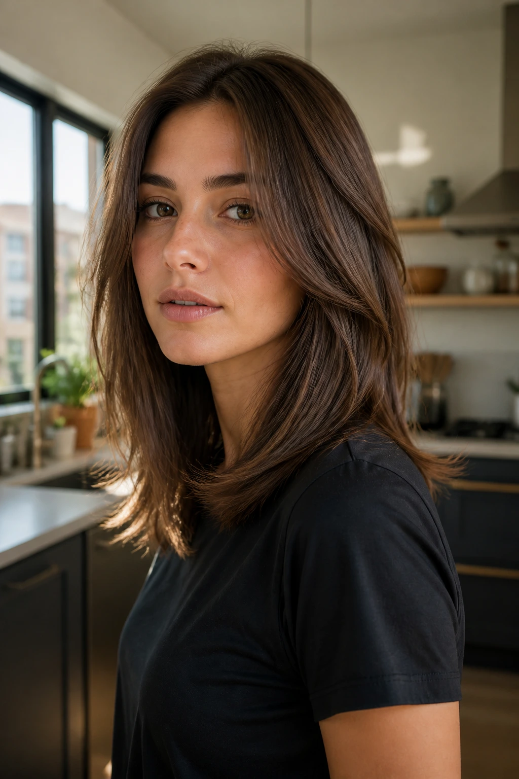 Portrait of a real woman with a straight medium cut showing interior movement