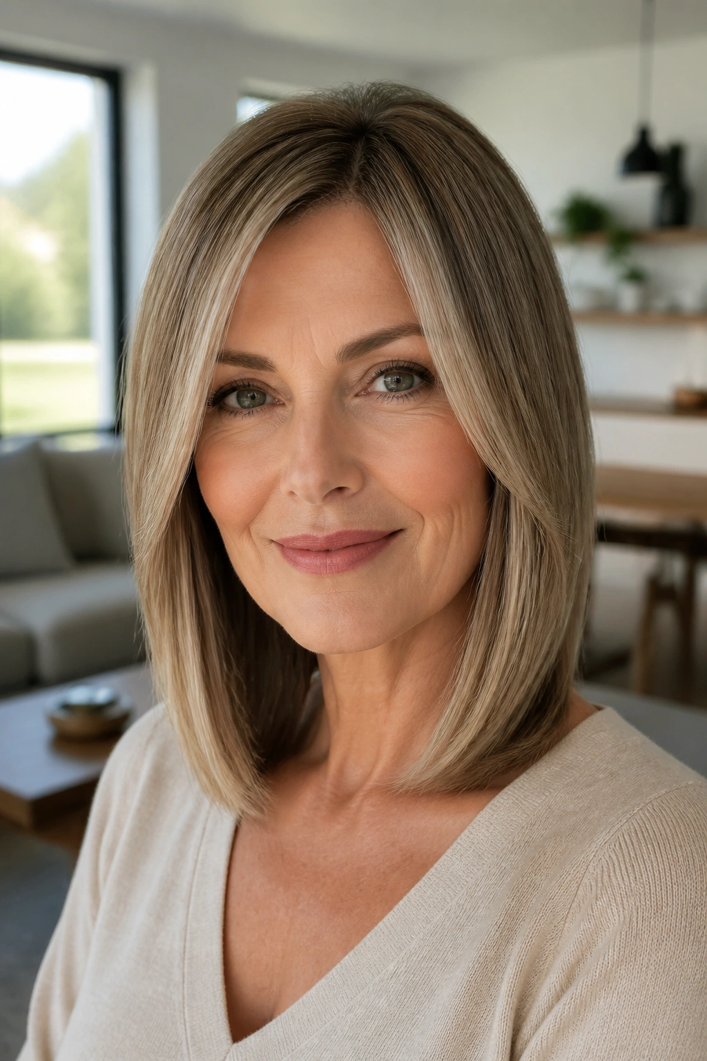 Close-up portrait of a real woman with straight mid-length hair and face-framing pieces