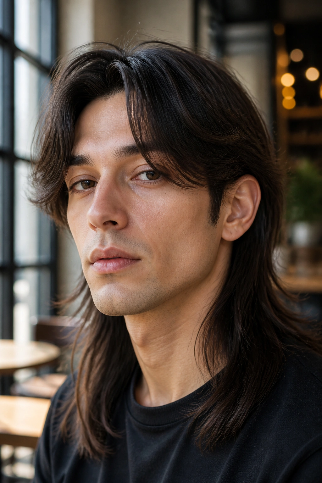 Close-up portrait of a man with straight long mullet and curtain bangs in cafe light.