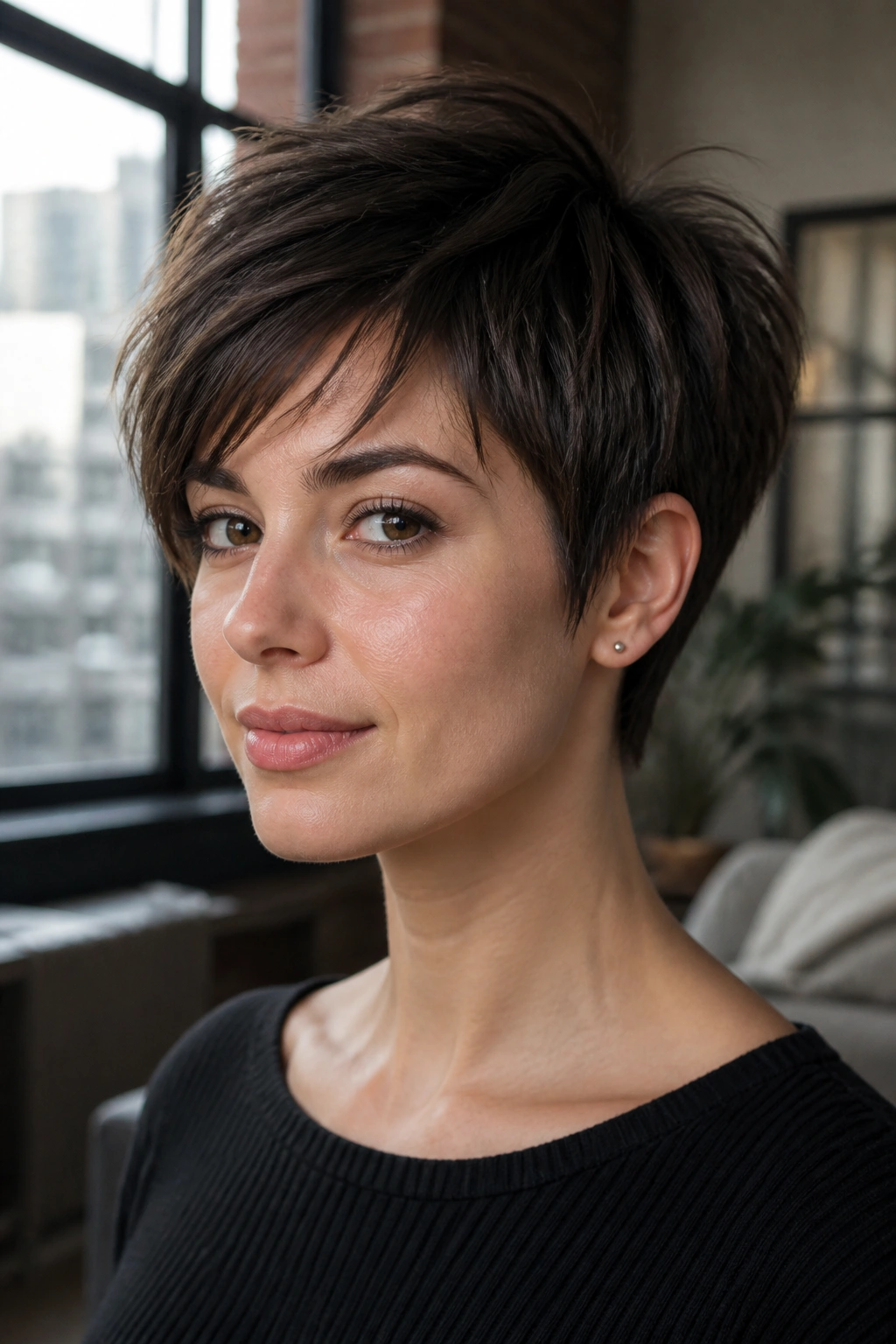 Close-up portrait of a real person with straight long pixie and piece-y crown layers showing movement