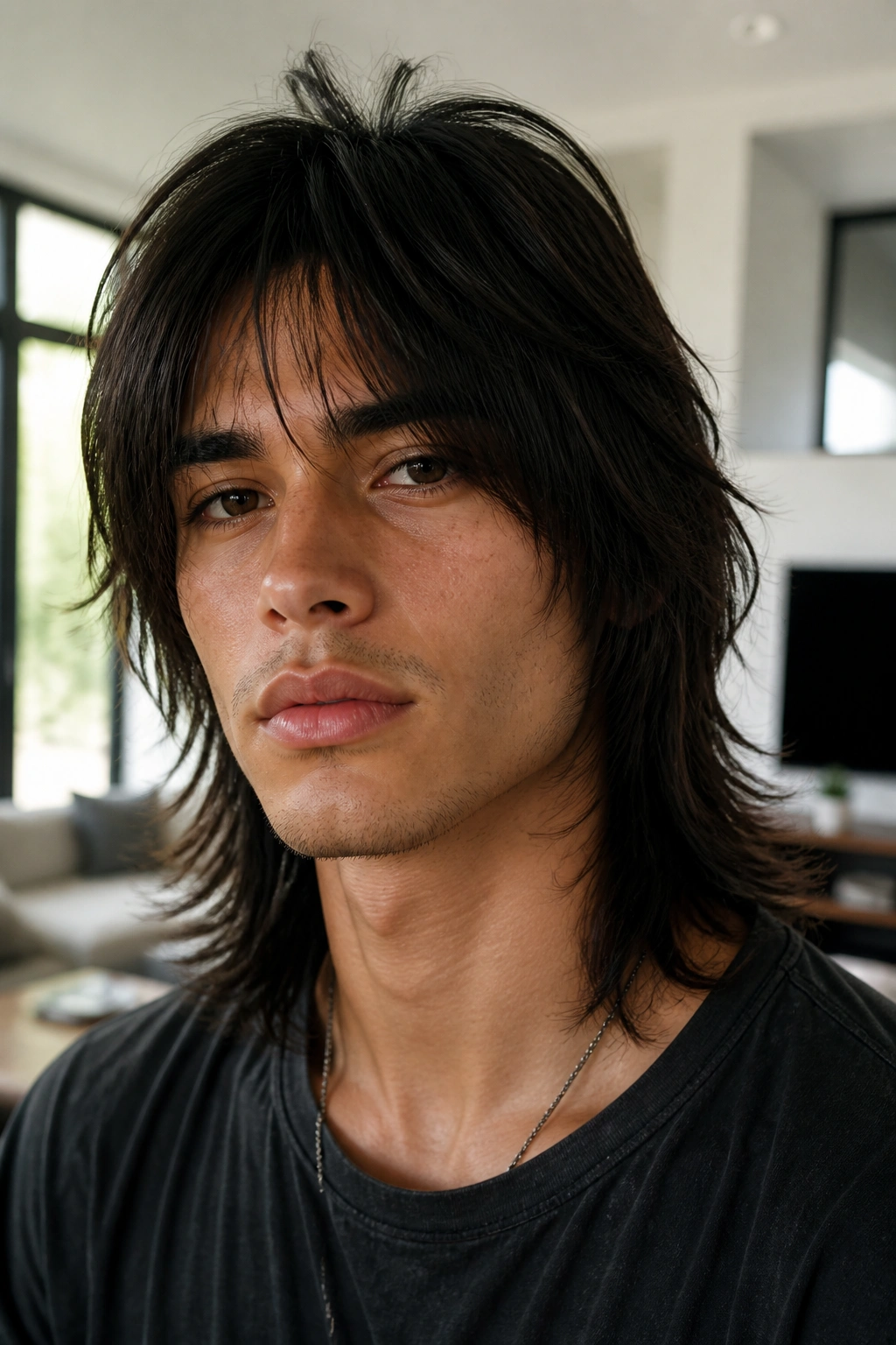 Close-up of man with straight shag hairstyle showing layered ends