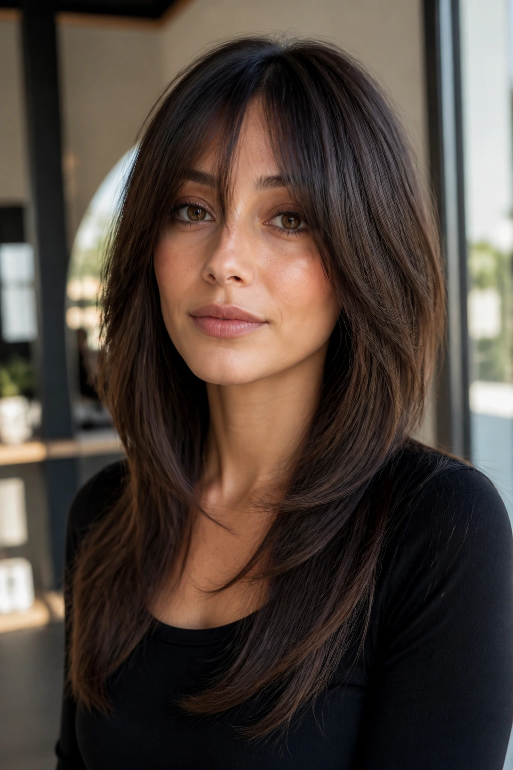 Close-up portrait of a real woman with a sleek straight-hair shag and arch bangs in a modern interior