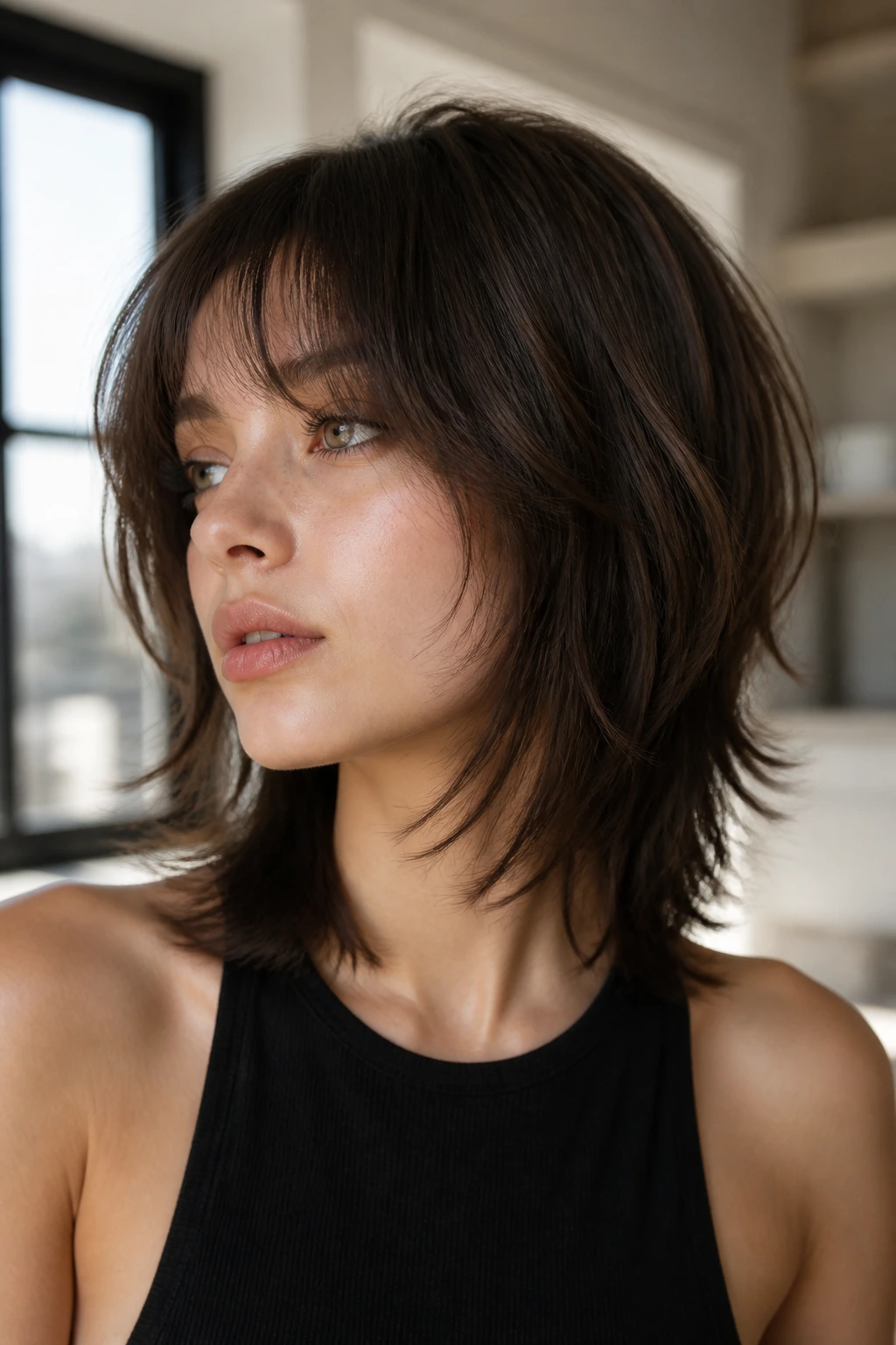 Close-up portrait of a real person with straight medium hair showing internal crown layers and subtle movement.