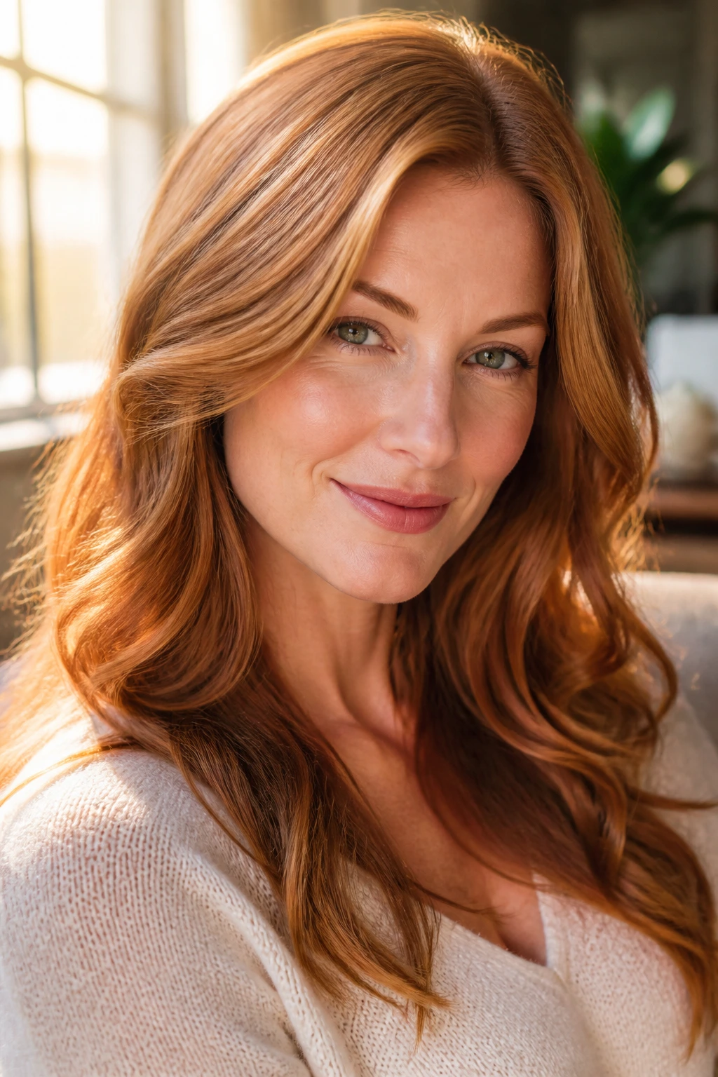 Close-up of a real woman with strawberry auburn hair blending copper and blonde for a soft glow.