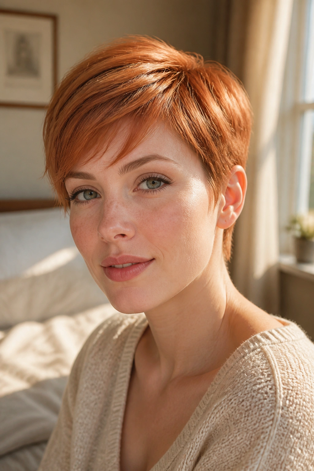 Close-up portrait of a real woman with strawberry auburn crop hairstyle