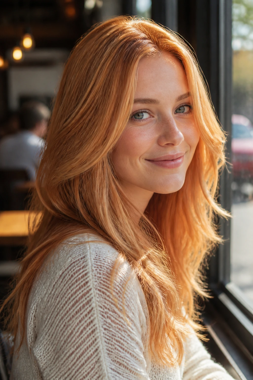 Close-up of real woman with strawberry blonde tones and copper-red highlights