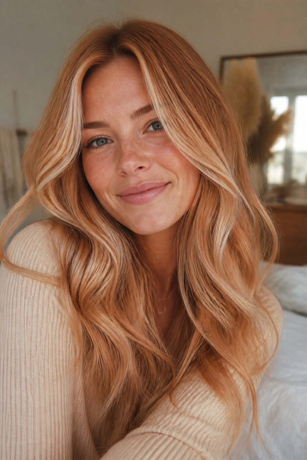 Close-up portrait of a real woman with Strawberry Blonde Balayage blending gold, copper, and peachy blonde.