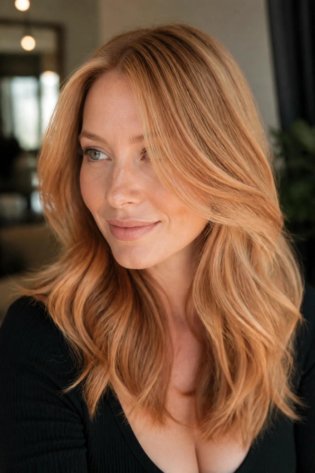 Portrait of a real woman with strawberry blonde soft layers balayage.