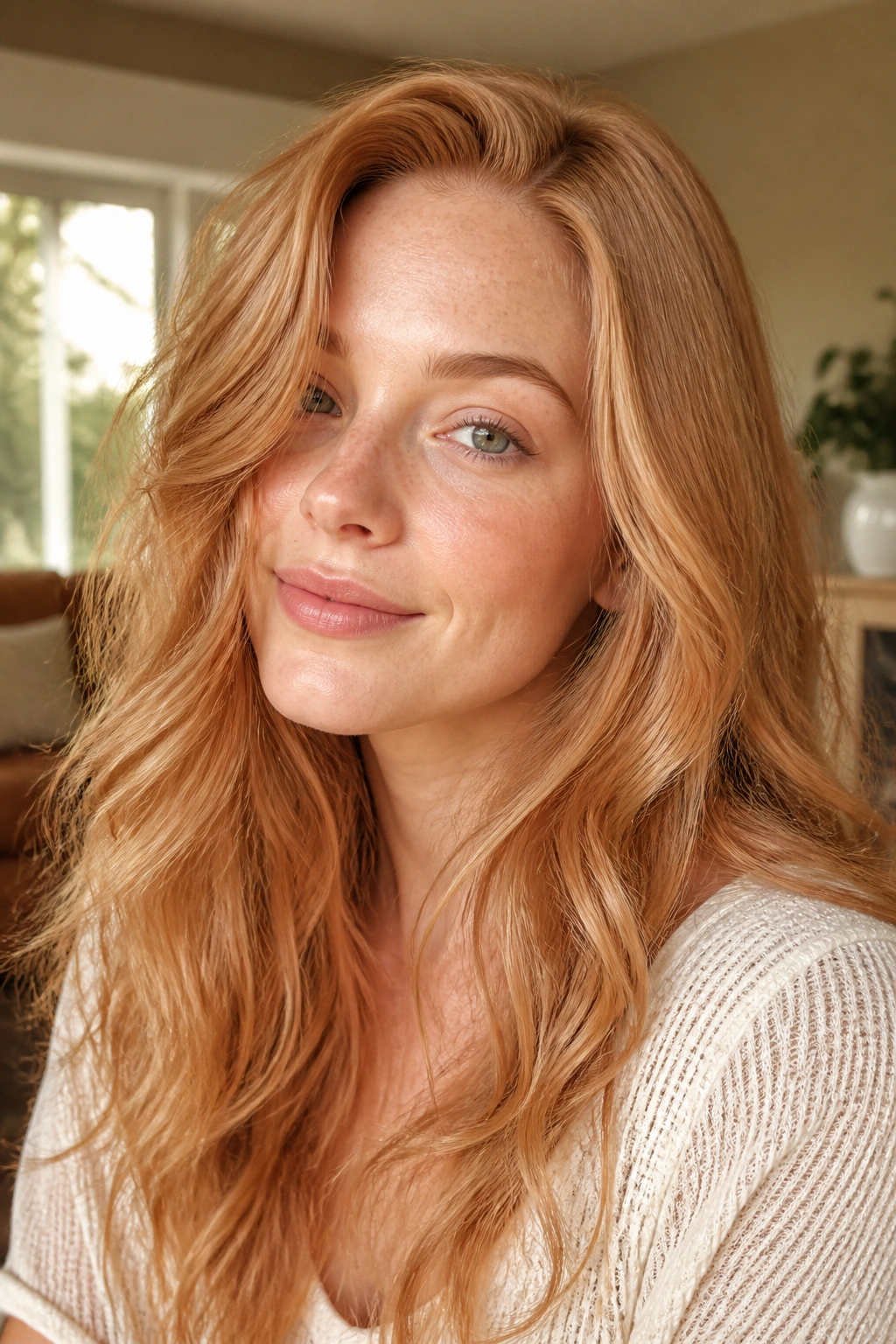 Close-up of a person with strawberry blonde hair and a gentle copper wash in warm light.
