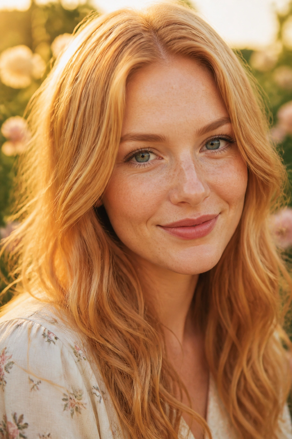 Close-up portrait of a real person with strawberry blonde hair and copper glaze