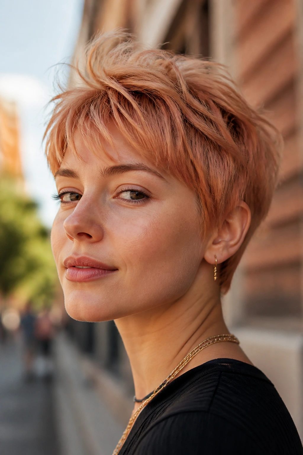 Close-up of a woman with a strawberry blonde textured crop on an urban street