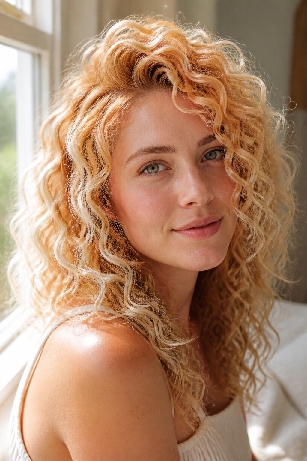 Close-up of real woman with strawberry blonde flush on curly hair