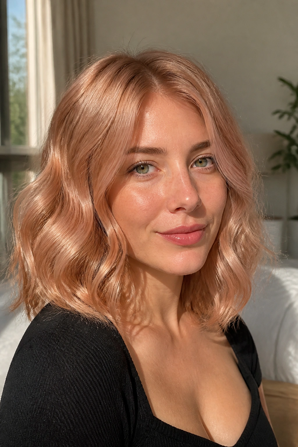 Close-up of a real woman with strawberry blonde gloss on shoulder-length hair