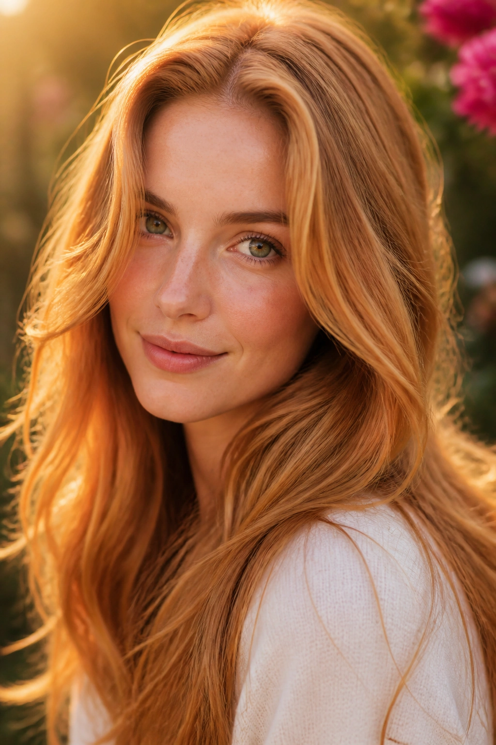 Close-up portrait of a real woman with strawberry blonde hair and soft red glow