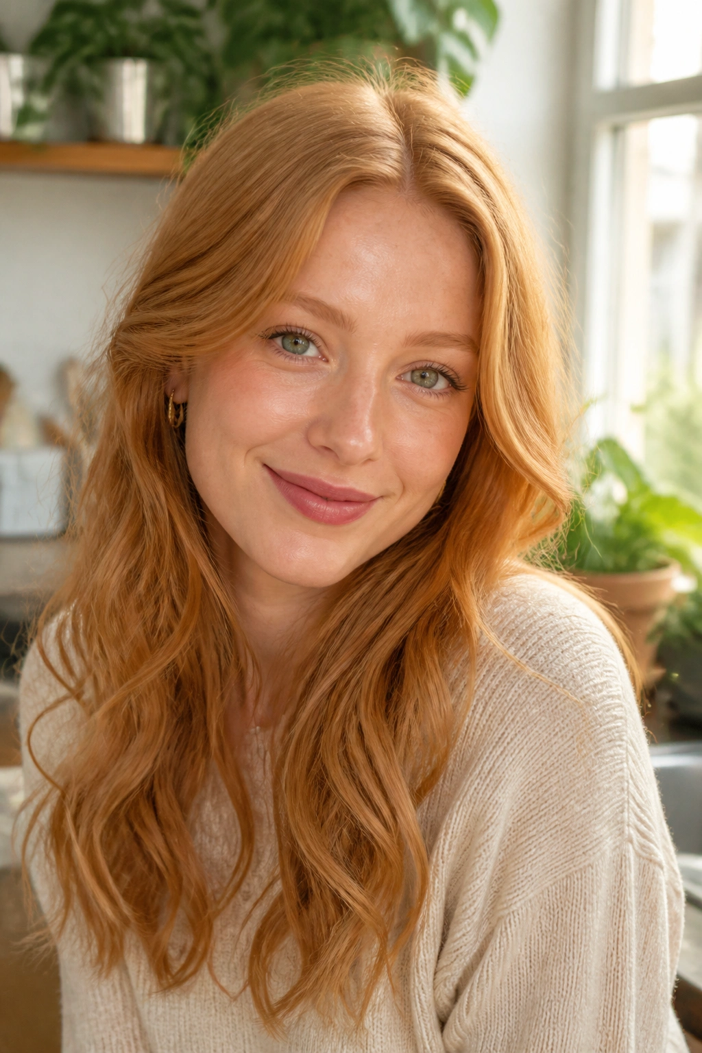 Close-up portrait of a woman with strawberry blonde hair in sunlight