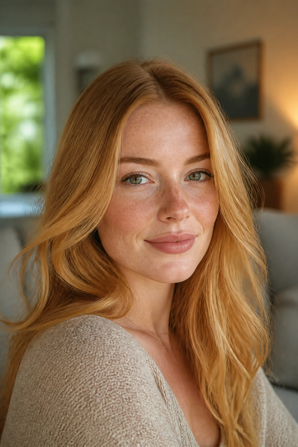 Close-up portrait of a real woman with strawberry blonde hair in warm window light