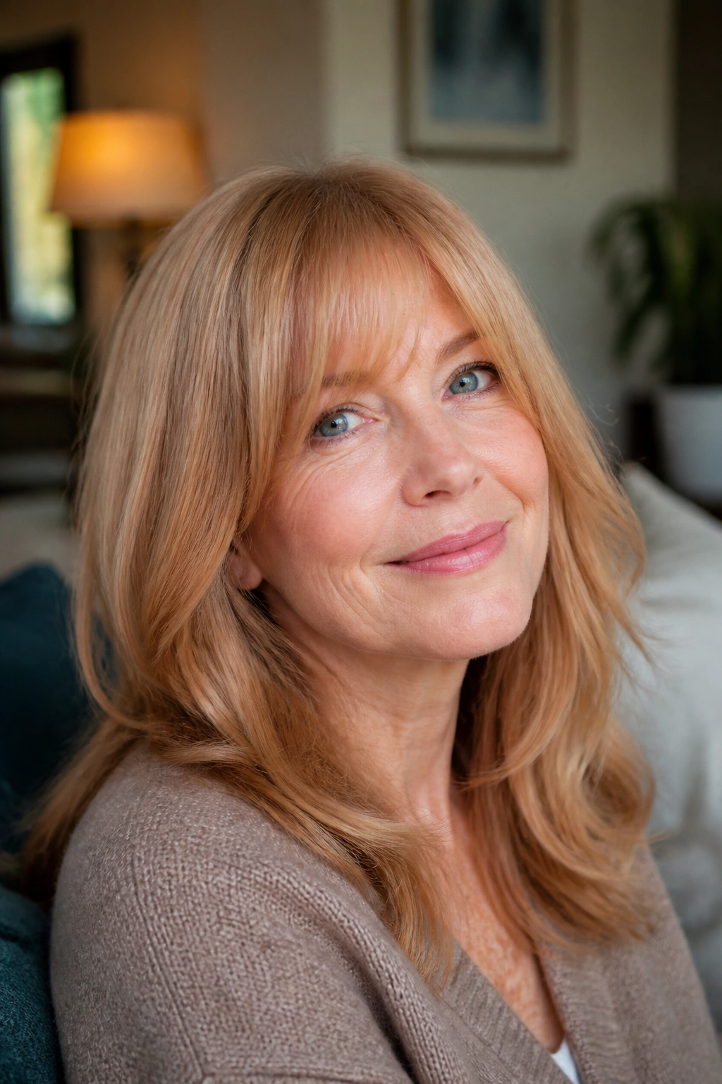 Portrait of a woman with strawberry blonde hair and soft copper undertones in warm interior light