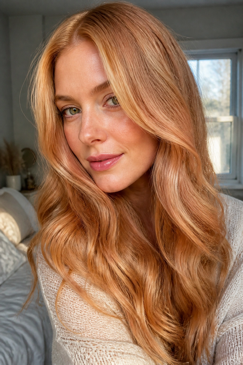 Close-up portrait of a real woman with strawberry blonde hair and copper-gold highlights