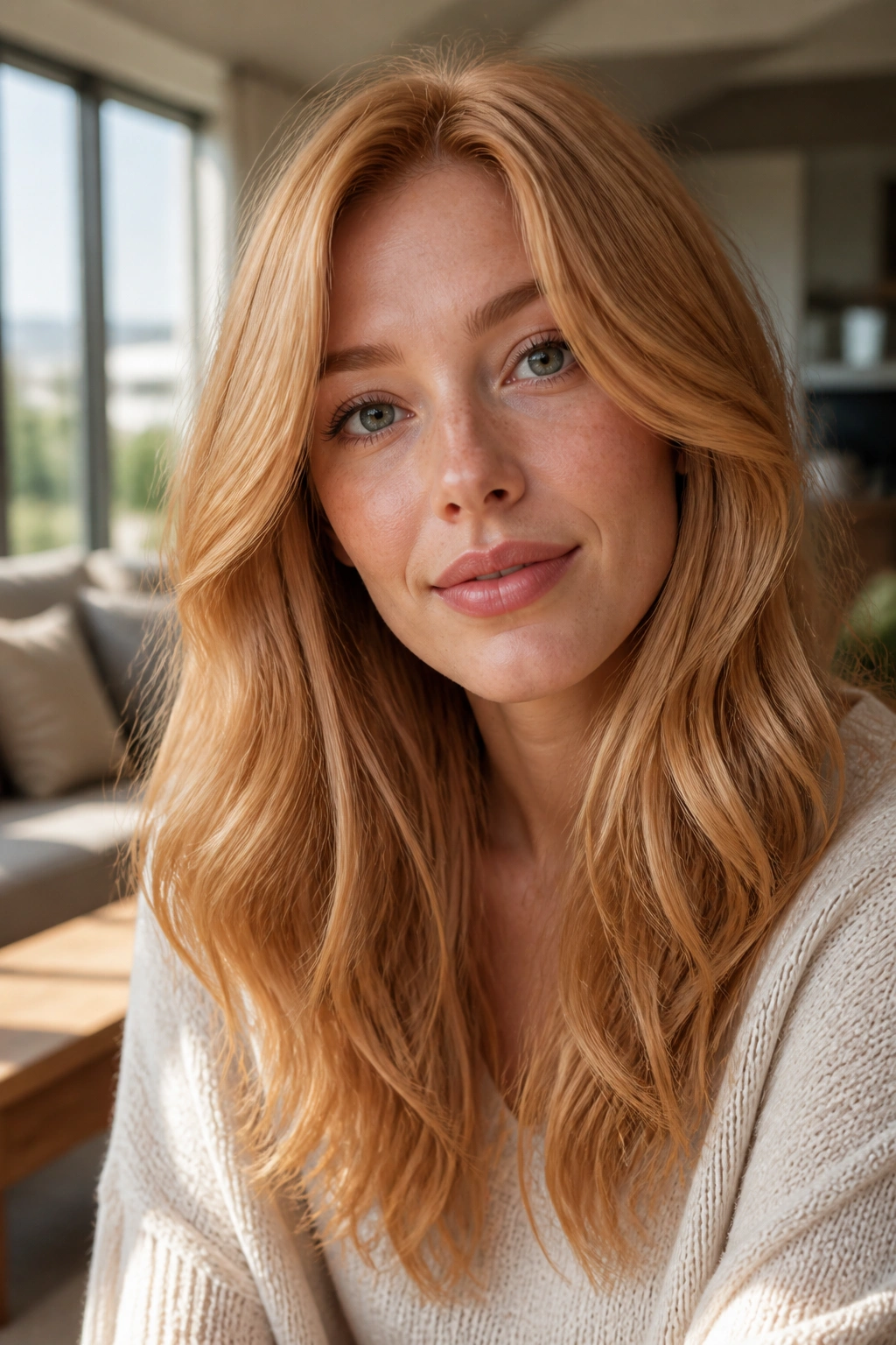 Close-up portrait of a real woman with strawberry blonde hair lit by warm window light