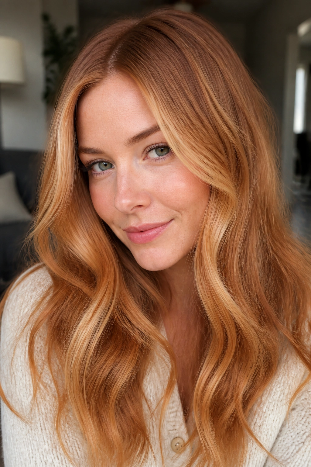 Close-up of a woman with strawberry blonde face-frame highlights framing her cheeks