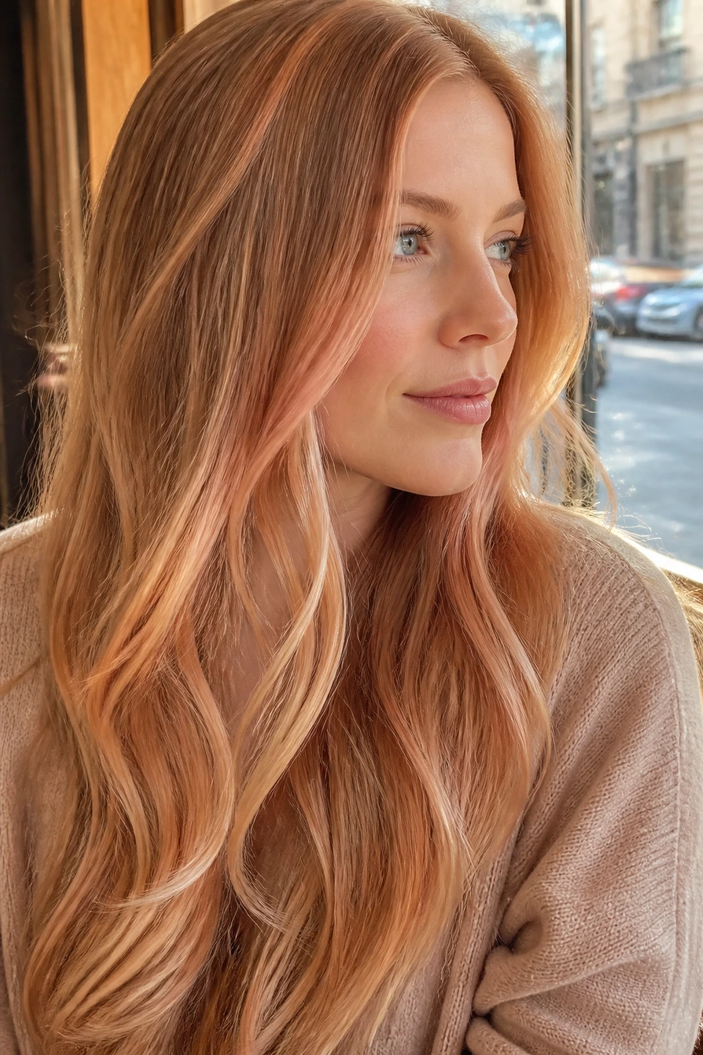 Close-up portrait of a real woman with long hair showing strawberry blonde highlights with pink-gold warmth