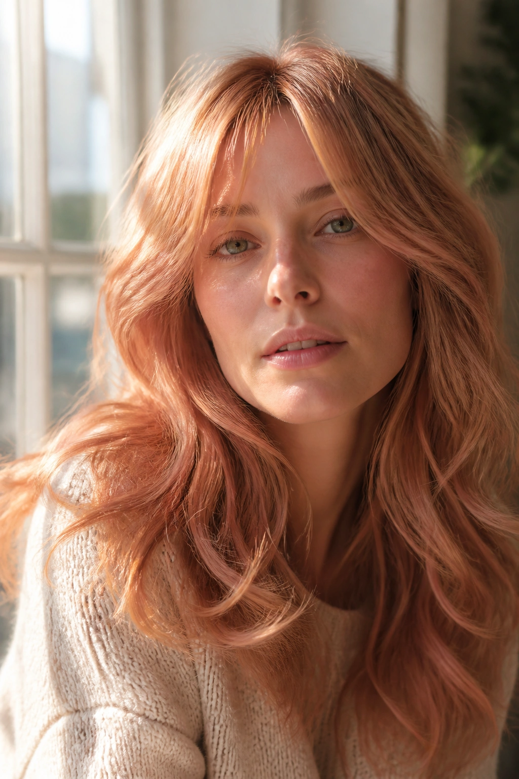 Close-up portrait of a real woman with strawberry blonde kiss hair and pink-gold warmth