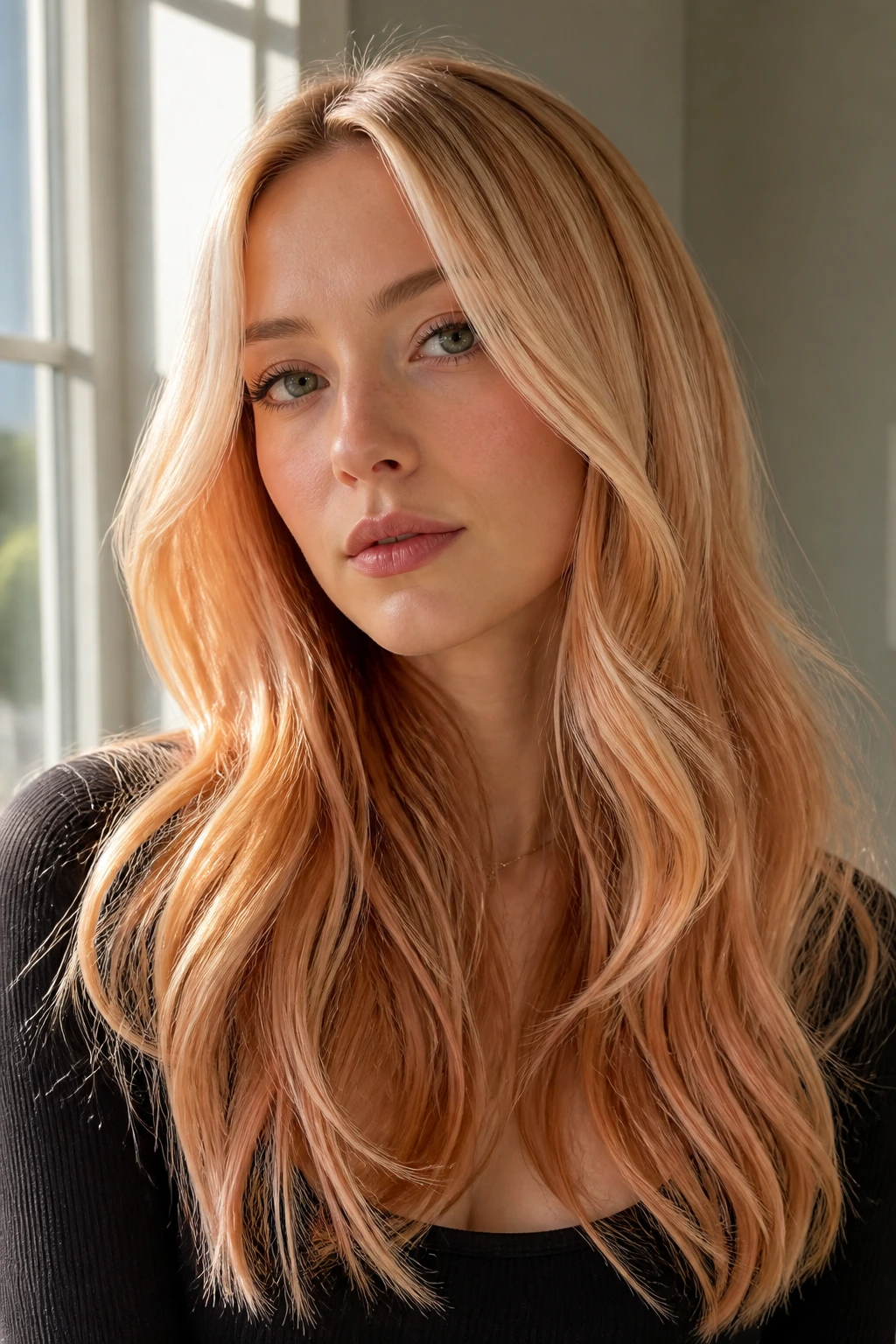 Portrait of a woman with strawberry blonde melt highlighting pink-gold undertones.