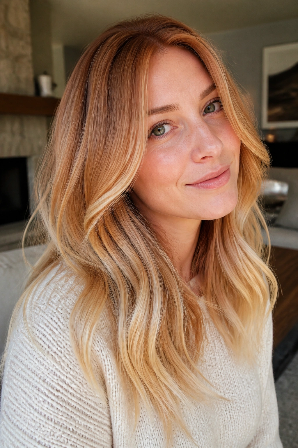 Close-up of real woman with strawberry blonde melt and blonde ends in warm daylight