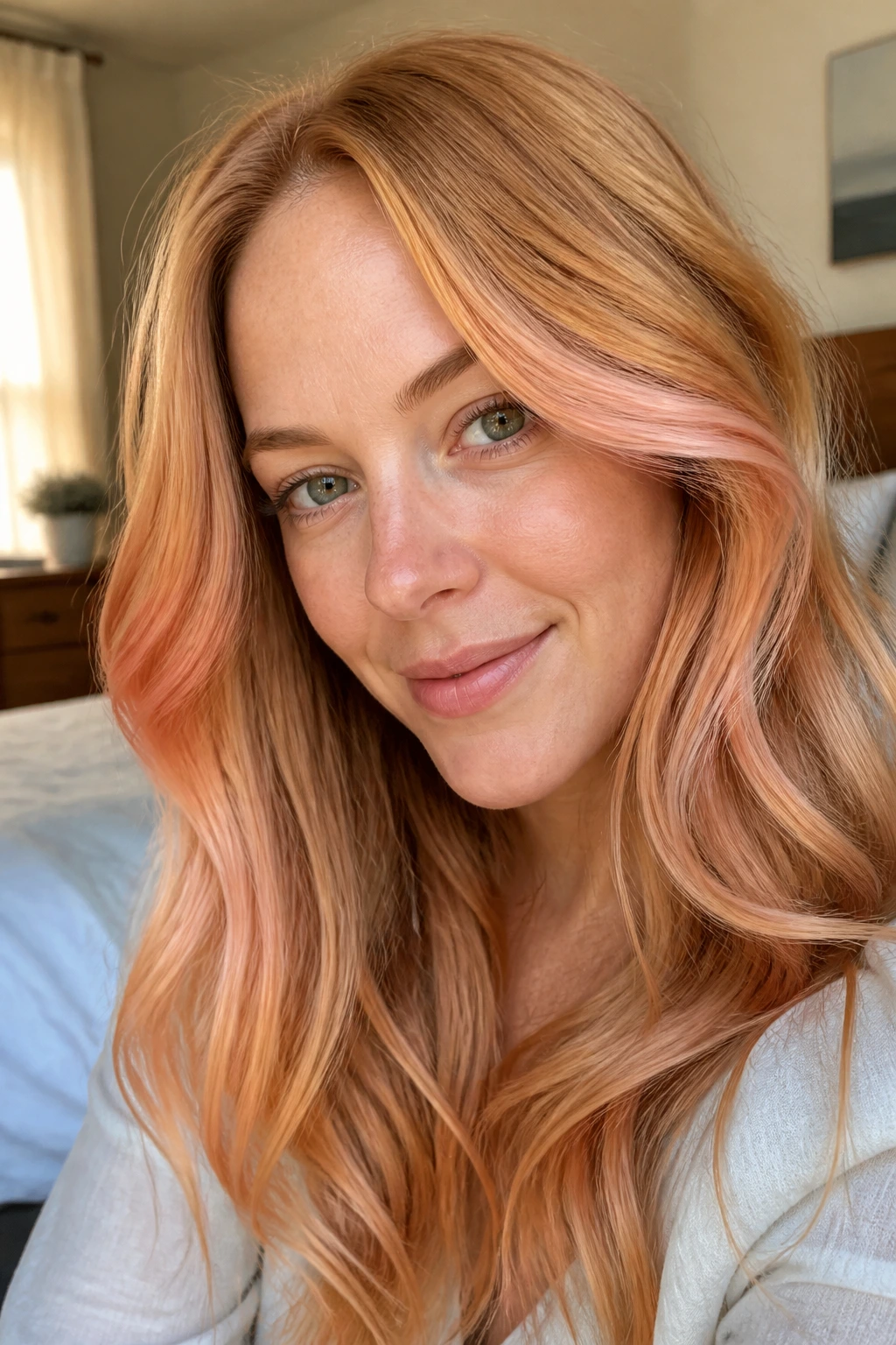 Close-up of a real woman's strawberry blonde hair with peach ribbons in soft window light
